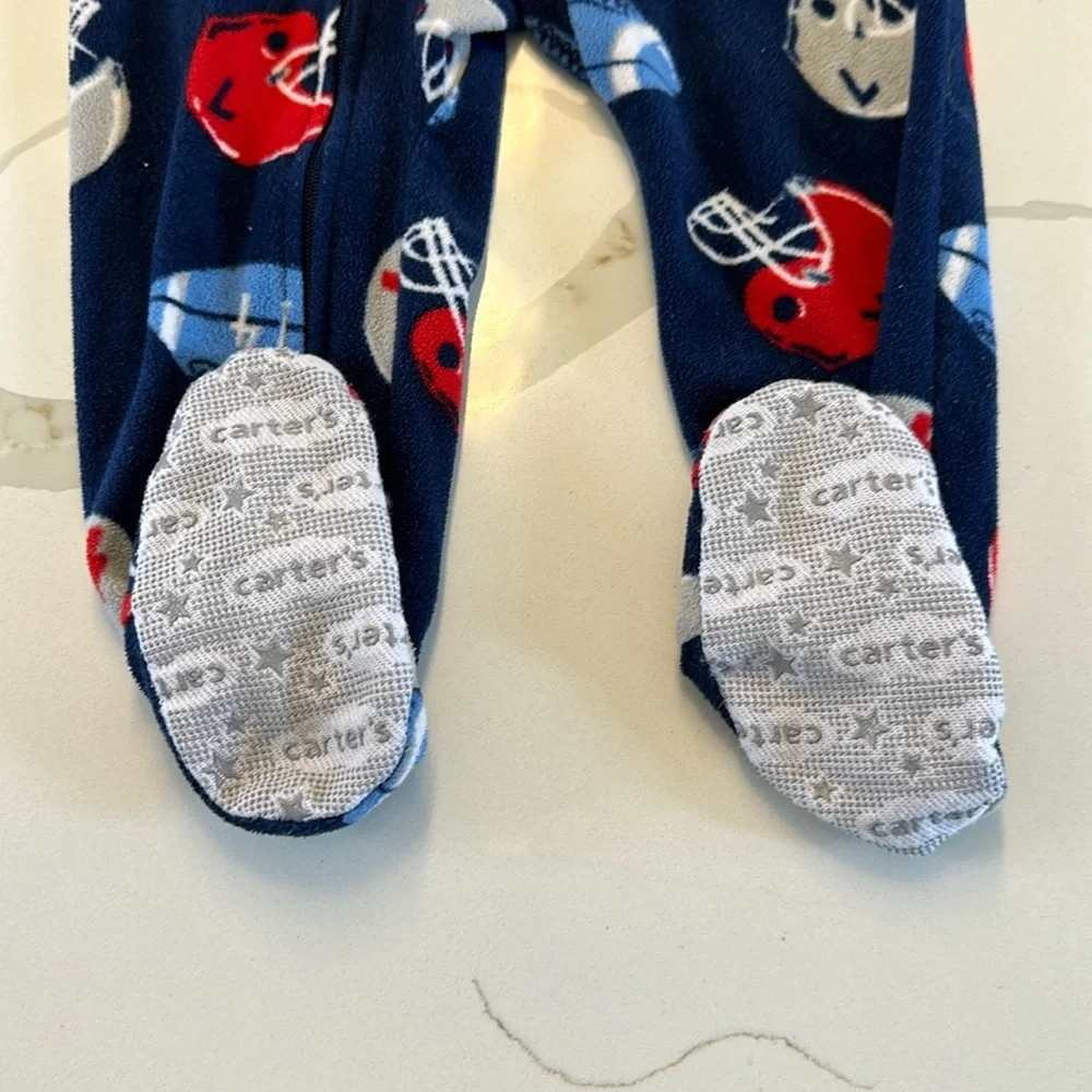 Carter’s footie pajamas navy blue red gray football helmet print size 18 months
